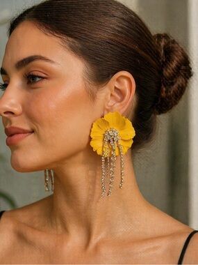 AKIRA Yellow Floral Drop Earrings with Crystal Tassels